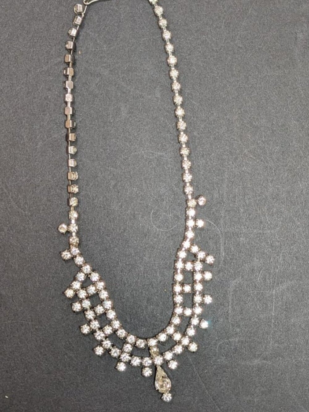 Vintage 1950s Rhinestone Necklace Clear Crystal Teardrop Bib Collar
